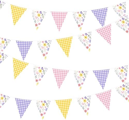 32Ft Wildflower Party Decorations Pink Purple Yellow Gingham Plaid Flowers Pennant Floral Banner Fabric Triangle