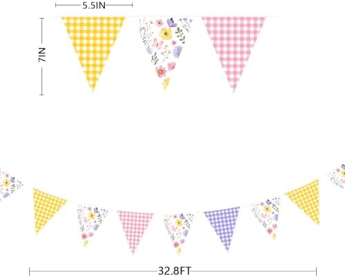32Ft Wildflower Party Decorations Pink Purple Yellow Gingham Plaid Flowers Pennant Floral Banner Fabric Triangle, alternate