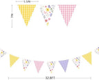 32Ft Wildflower Party Decorations Pink Purple Yellow Gingham Plaid Flowers Pennant Floral Banner Fabric Triangle, alternate