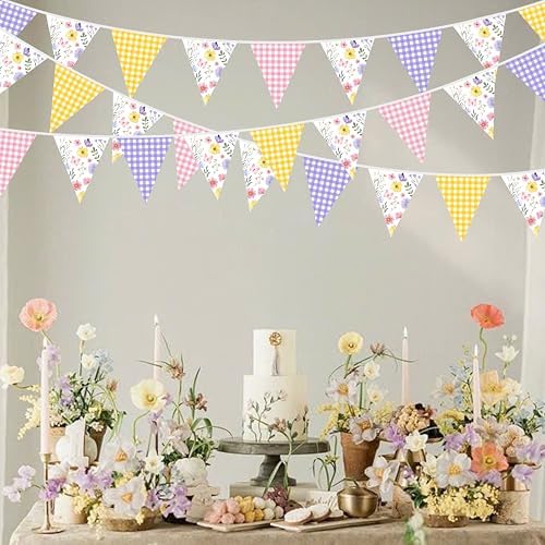32Ft Wildflower Party Decorations Pink Purple Yellow Gingham Plaid Flowers Pennant Floral Banner Fabric Triangle, alternate