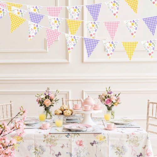 32Ft Wildflower Party Decorations Pink Purple Yellow Gingham Plaid Flowers Pennant Floral Banner Fabric Triangle, alternate