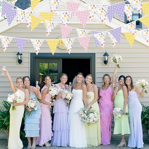 32Ft Wildflower Party Decorations Pink Purple Yellow Gingham Plaid Flowers Pennant Floral Banner Fabric Triangle, alternate