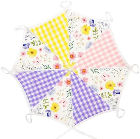 32Ft Wildflower Party Decorations Pink Purple Yellow Gingham Plaid Flowers Pennant Floral Banner Fabric Triangle, alternate
