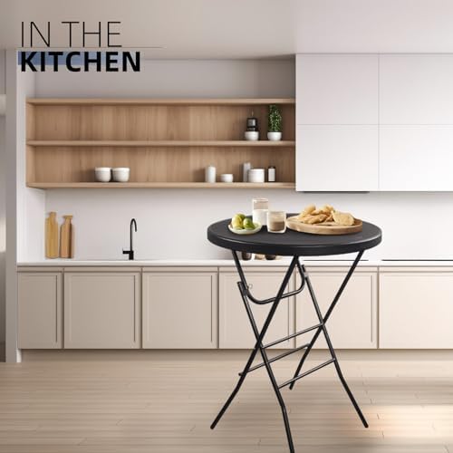 32in Cocktail Folding Table, Round High Top Bar Table, Black in Black, alternate view 2