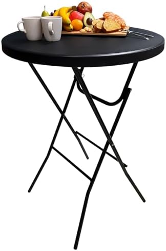 32in Folding Cocktail Table, Bar Height, Round, High Top, Black in Black
