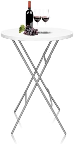 32in Folding Cocktail Table, Bar Height, Round, High Top, White in White