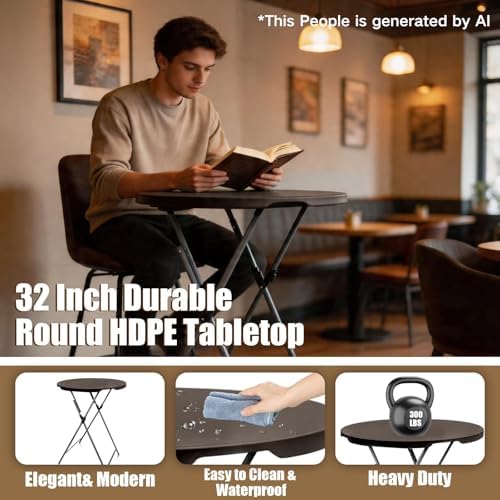 32in Round Folding Cocktail Table Bar Height Brown 2 Pack, alternate view 3