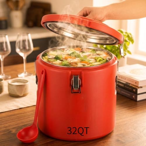 32QT Commercial Insulated Food Container with Spoon, Red in Red