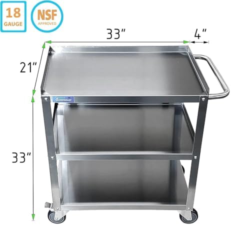 33" x 21" Stainless Utility Cart, 3-Shelf, Casters, NSF, alternate view 2