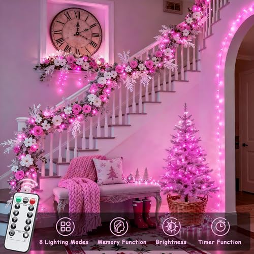 33ft 100 LED Pink Battery Operated Lights with 8 Modes Remote, alternate view 3