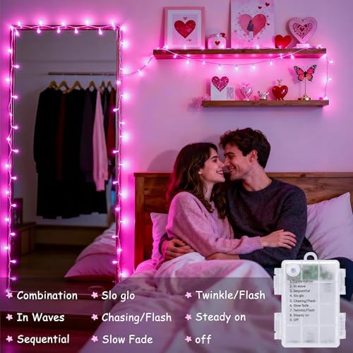 33ft 100 LED Pink Battery Operated Lights with 8 Modes Remote, alternate view 4