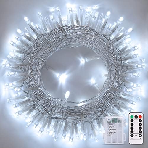 33ft 100 LED White String Lights Battery Operated with Remote