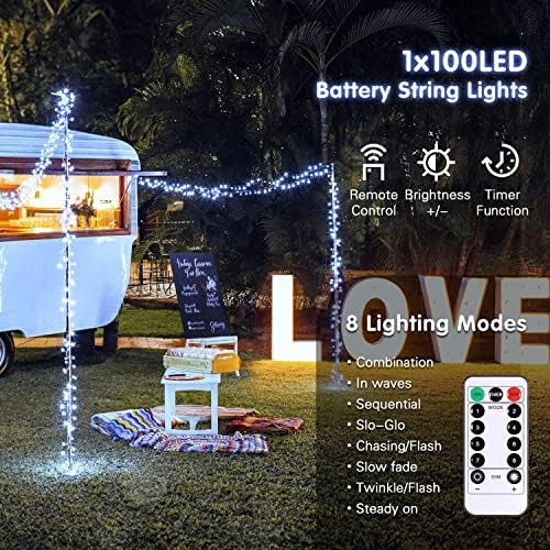 33ft 100 LED White String Lights Battery Operated with Remote, alternate view 2