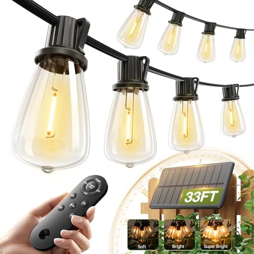 33FT(27+6) Solar String Lights Outdoor, Waterproof Dimmable 9+1 LED