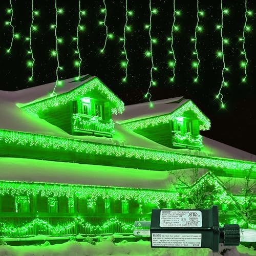 33FT 300 LED Icicle Christmas Lights, Waterproof 8 Modes Plug in Curtain Lights with 50 Drops, Green Christmas