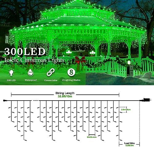 33FT 300 LED Icicle Christmas Lights, Waterproof 8 Modes Plug in Curtain Lights with 50 Drops, Green Christmas, alternate
