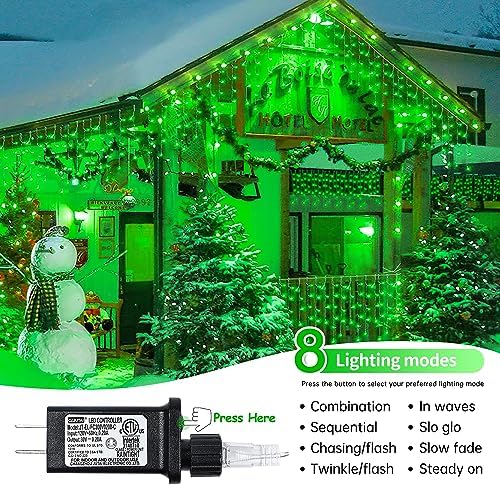 33FT 300 LED Icicle Christmas Lights, Waterproof 8 Modes Plug in Curtain Lights with 50 Drops, Green Christmas, alternate