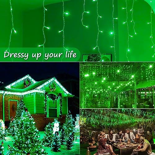 33FT 300 LED Icicle Christmas Lights, Waterproof 8 Modes Plug in Curtain Lights with 50 Drops, Green Christmas, alternate