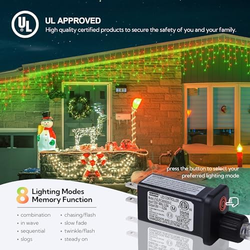 33FT 360 LED Red Green Christmas Icicle Lights, 60 Drops Plug in, alternate view 3