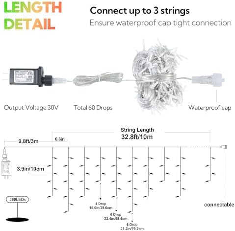 33FT 360 LED Red Green Christmas Icicle Lights, 60 Drops Plug in, alternate view 4