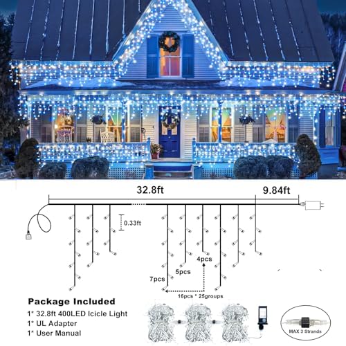 33FT 400 LED Icicle Lights for Outside, Blue and White, alternate view 4