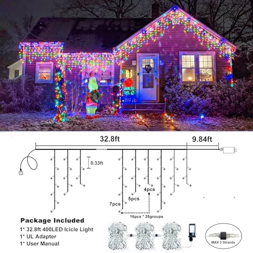 33FT 400 LED Icicle Lights for Outside, Multicolor Christmas Lights Outdoor, alternate view 4