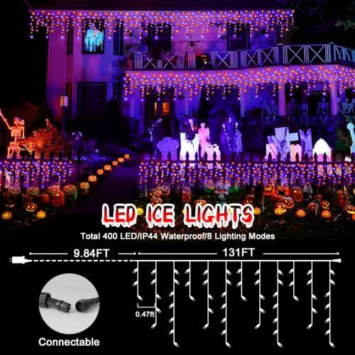 33FT 400 LED Orange Purple Halloween Lights Outdoor Decorations, alternate view 7
