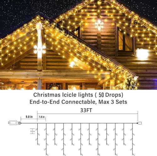 33FT Christmas Icicle Lights Outdoor Connectable Warm White, alternate view 3