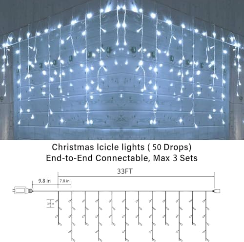33FT Christmas Icicle Lights Outdoor Connectable White, alternate view 3
