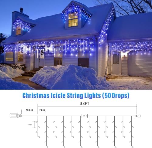 33FT Christmas Icicle Lights Outdoor Connectable White & Blue, alternate view 3
