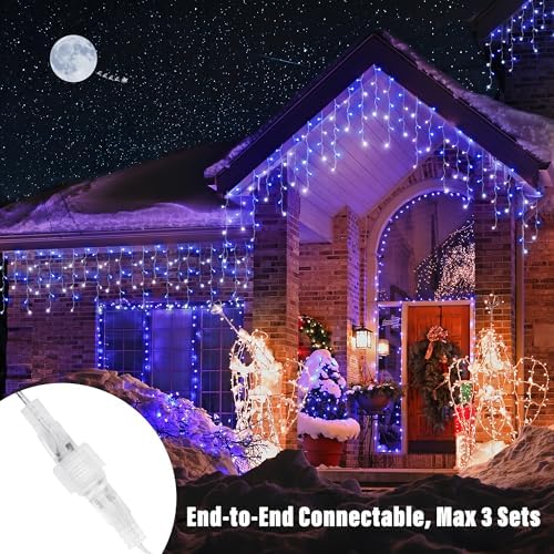 33FT Christmas Icicle Lights Outdoor Connectable White & Blue, alternate view 5