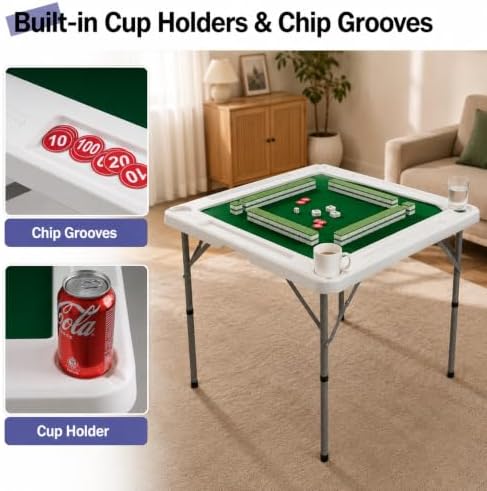34.6" Folding Mahjong Table, Portable Game Table with Cup Holders, alternate view 5