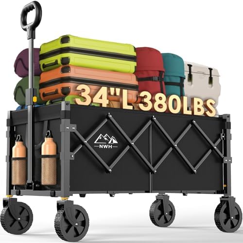 34'' Extra Long Collapsible Wagon, 380lbs Large Capacity Folding Wagons Carts with Wheels Foldable, Heavy Duty