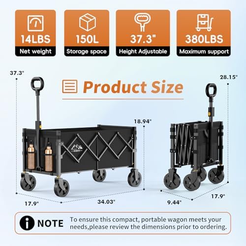 34'' Extra Long Collapsible Wagon, 380lbs Large Capacity Folding Wagons Carts with Wheels Foldable, Heavy Duty, alternate