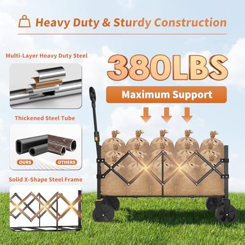 34'' Extra Long Collapsible Wagon, 380lbs Large Capacity Folding Wagons Carts with Wheels Foldable, Heavy Duty, alternate