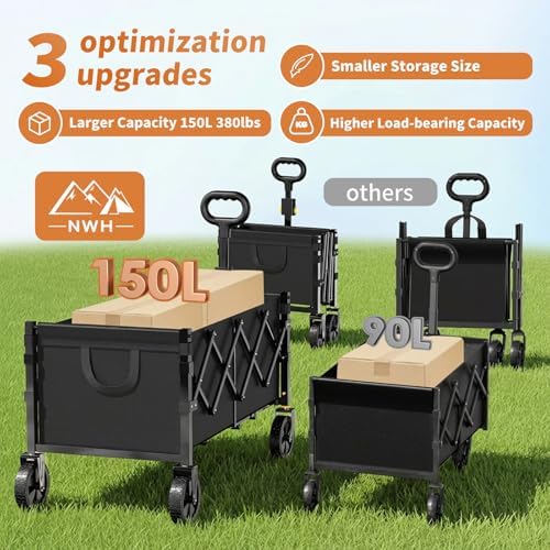 34'' Extra Long Collapsible Wagon, 380lbs Large Capacity Folding Wagons Carts with Wheels Foldable, Heavy Duty, alternate