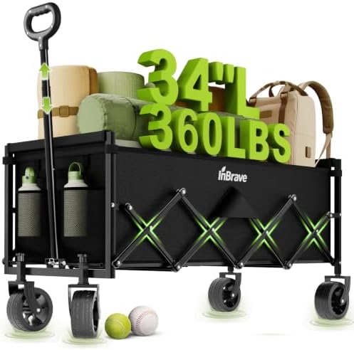 34" Extra Long Collapsible Wagon Cart, 360LBS Capacity, Black in Black