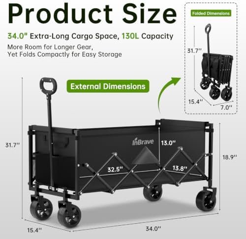 34" Extra Long Collapsible Wagon Cart, 360LBS Capacity, Black in Black, alternate view 2