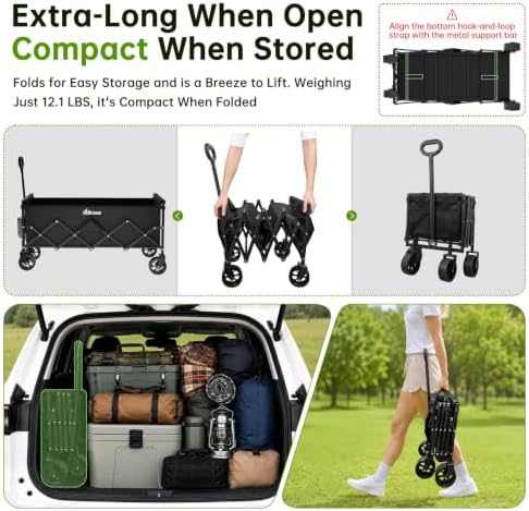 34" Extra Long Collapsible Wagon Cart, 360LBS Capacity, Black in Black, alternate view 3