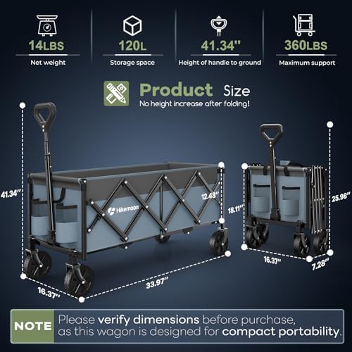34'' Extra Long Folding Portable Wagon, 120L 360LBS Blue & Grey, alternate view 2