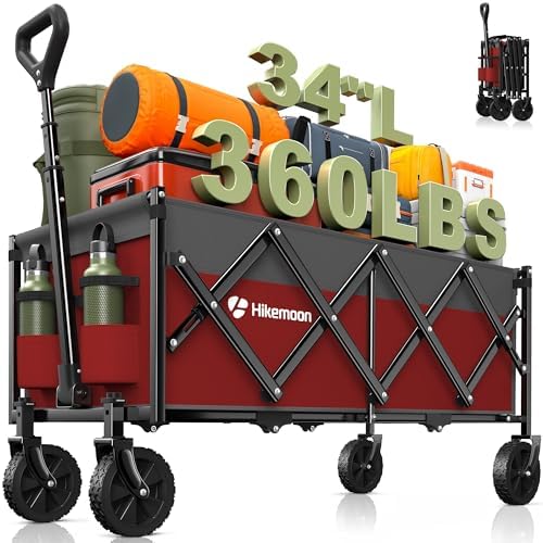 34'' Extra Long Folding Portable Wagon, 120L 360LBS Red & Grey