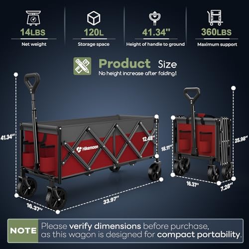 34'' Extra Long Folding Portable Wagon, 120L 360LBS Red & Grey, alternate view 2