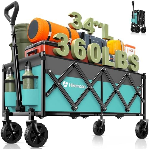 34'' Extra Long Folding Portable Wagon, 120L 360LBS Turquoise