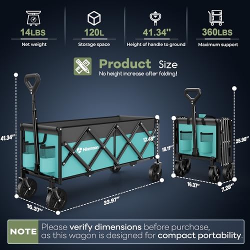 34'' Extra Long Folding Portable Wagon, 120L 360LBS Turquoise, alternate view 2