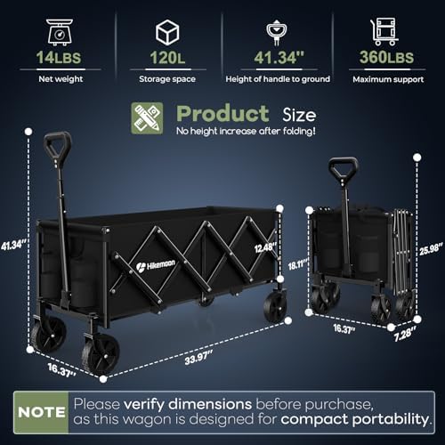 34'' Extra Long Folding Portable Wagon Cart, 120L 360LBS Black, alternate view 2