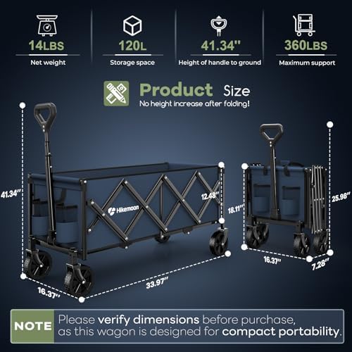 34'' Extra Long Folding Portable Wagon Cart, 120L 360LBS Blue, alternate view 2
