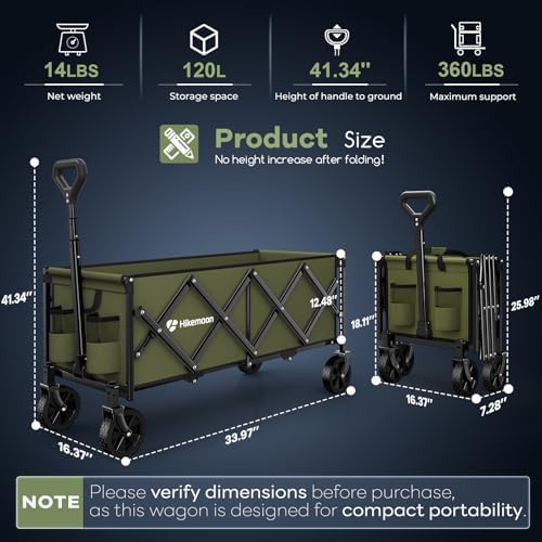 34'' Extra Long Folding Portable Wagon Cart, 120L 360LBS Green, alternate view 2