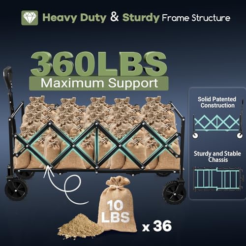 34'' Extra Long Folding Portable Wagon Cart, 120L 360LBS Green, alternate view 6