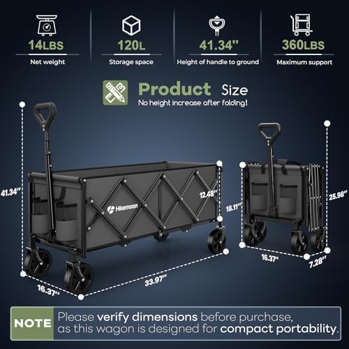 34'' Extra Long Folding Portable Wagon Cart, 120L 360LBS Grey, alternate view 2