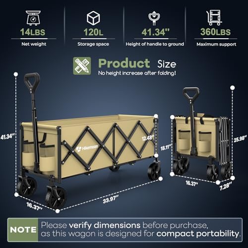 34'' Extra Long Folding Portable Wagon Cart, 120L 360LBS Khaki, alternate view 2